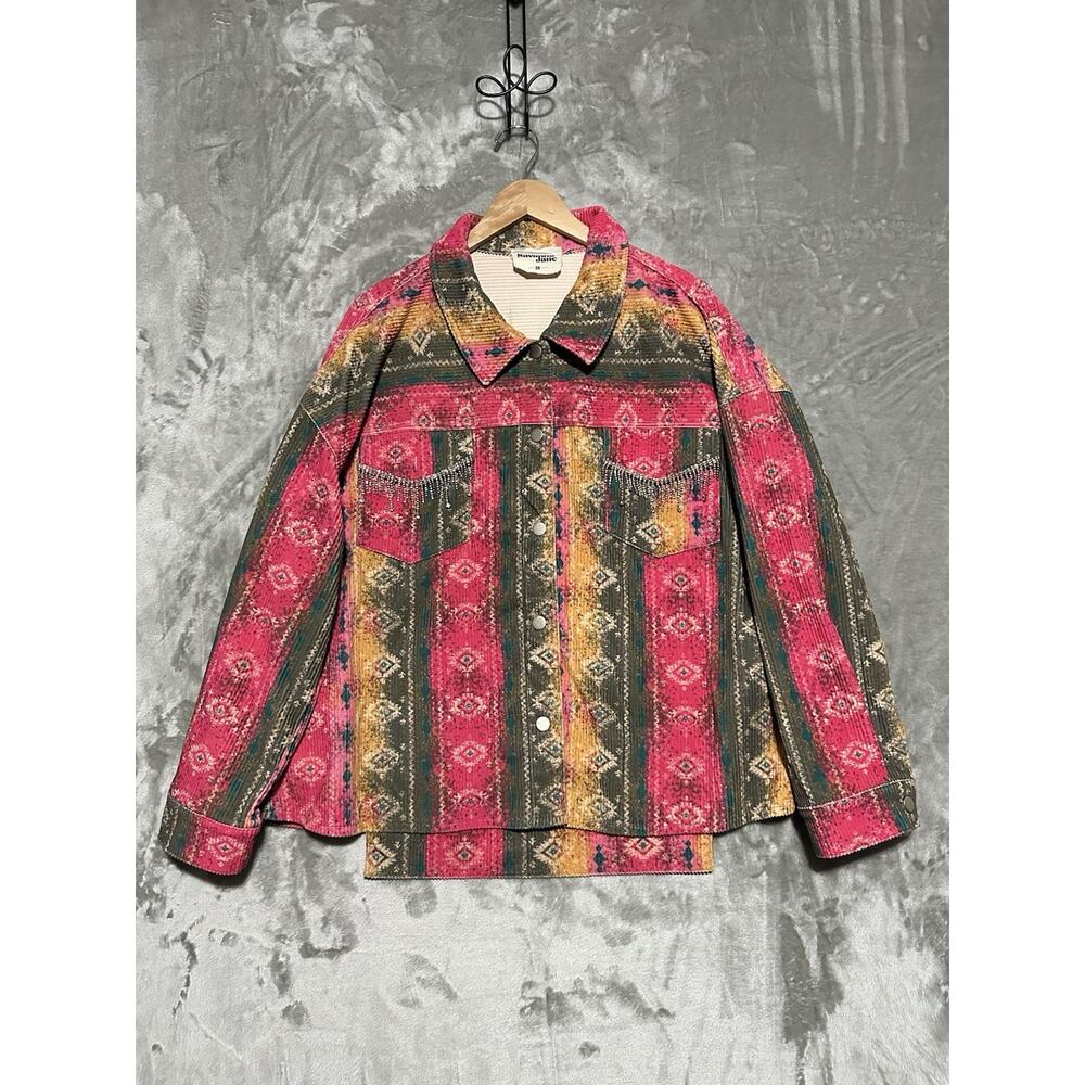 Savanna Jane Rhinestone Fringe Aztec Corduroy Shirt Jacket Size 3X Festival EUC